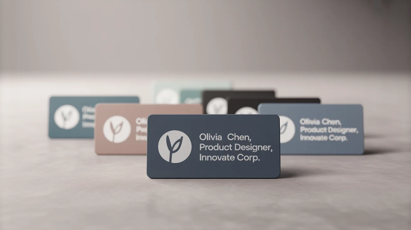 A collection of professionally designed name tags for a corporate event, arranged on a clean surface to showcase different design templates.