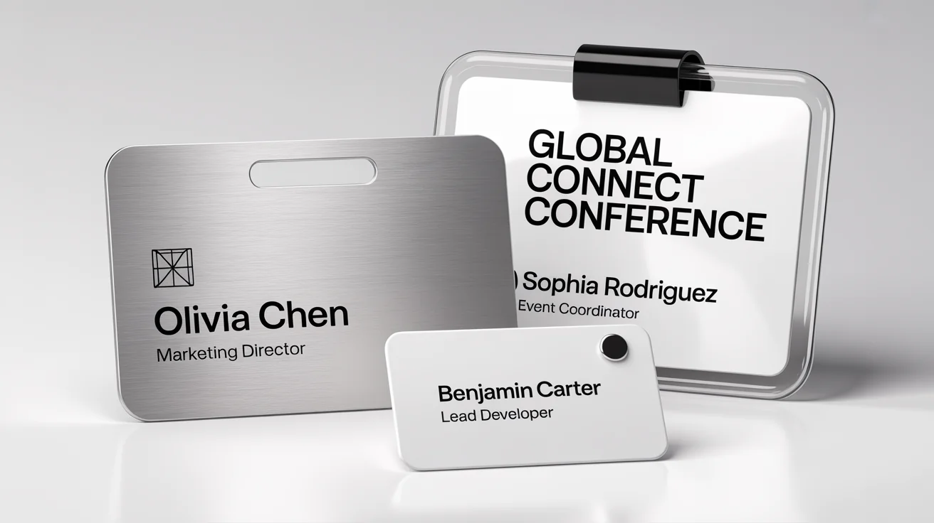 Three professionally designed name tags for corporate and event purposes, displayed on a clean white background to showcase different materials and styles.