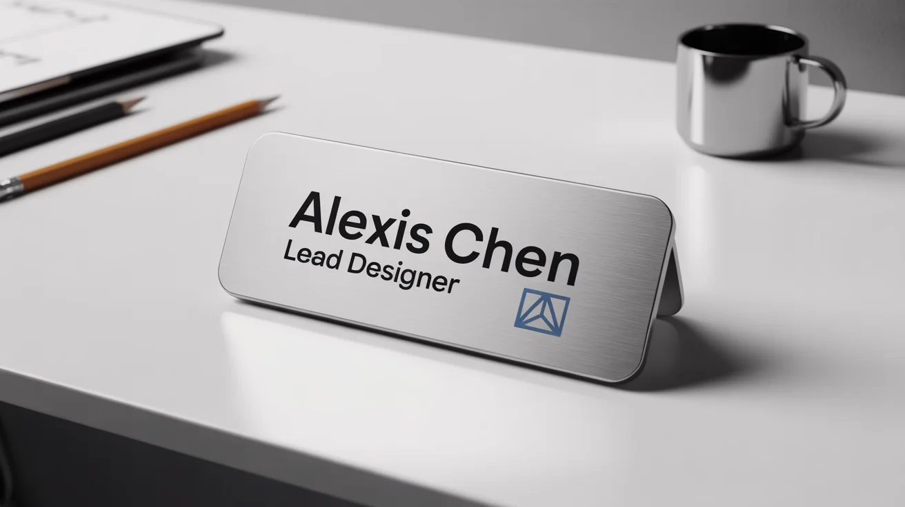 A professional name tag mockup with a brushed silver finish, showing the name 'Alexis Chen' and 'Lead Designer', set against a plain white background.