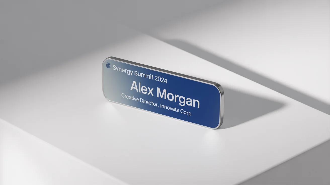 A modern, professional name tag for the 'Synergy Summit 2024' with the name 'Alex Morgan' on it, displayed against a clean white background.