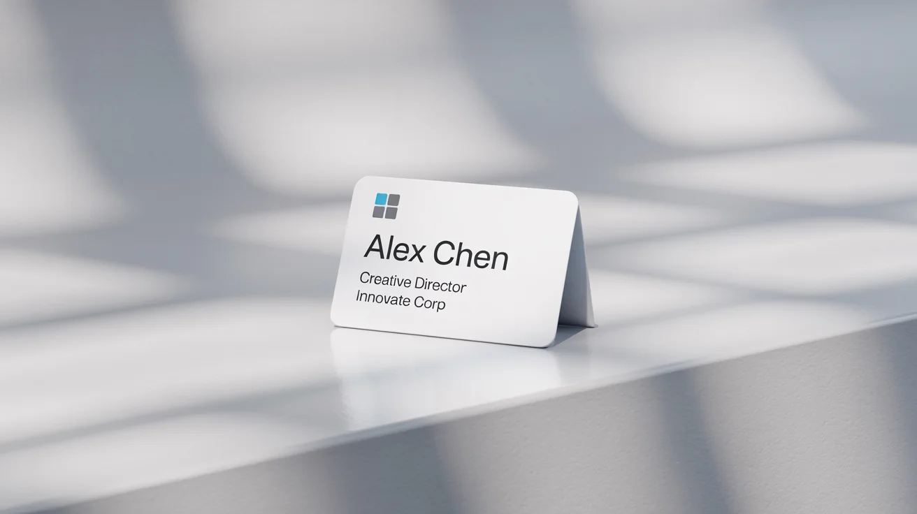 A professional-looking name tag mockup on a white background. The name on the tag is 'ALEX CHEN', with the title 'Creative Director' and company 'Innovate Corp'.