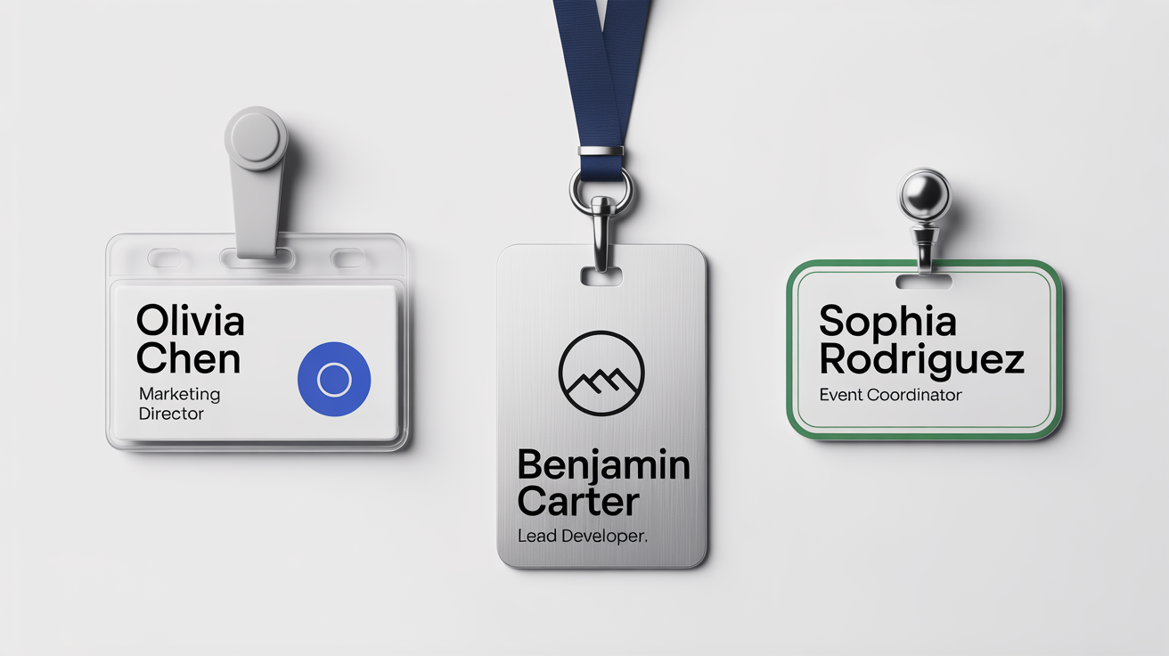 A professional mockup of three different name tags for an event or company, featuring fictional names like 'Olivia Chen' and 'Benjamin Carter', displayed on a clean white surface.