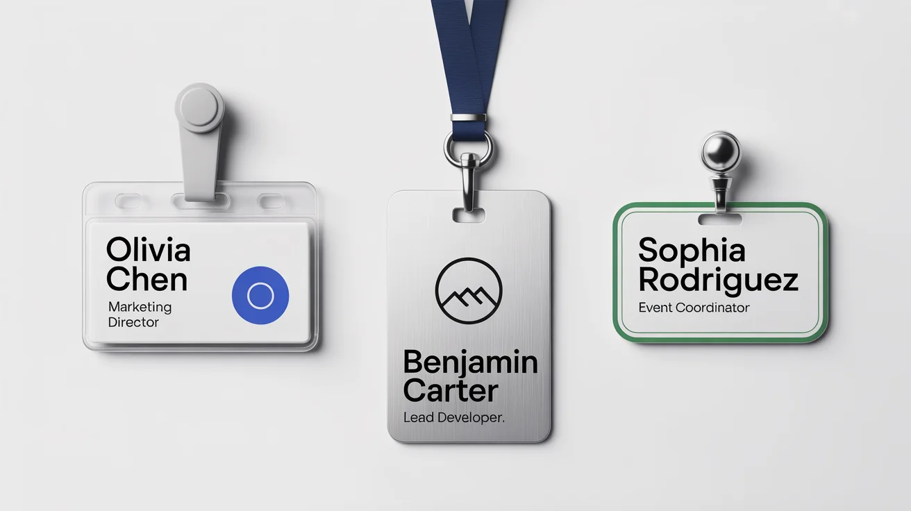 A professional mockup of three different name tags for an event or company, featuring fictional names like 'Olivia Chen' and 'Benjamin Carter', displayed on a clean white surface.