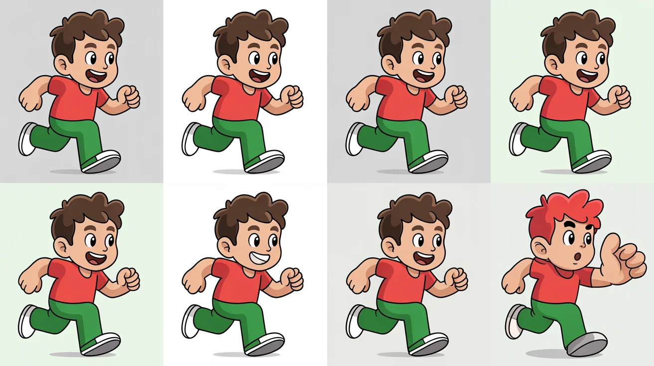 A finished 4x2 sprite sheet for a video game, showing a cartoon boy in a red shirt and green pants arranged in a grid. The character is depicted in various action poses like running and jumping, ready for animation.