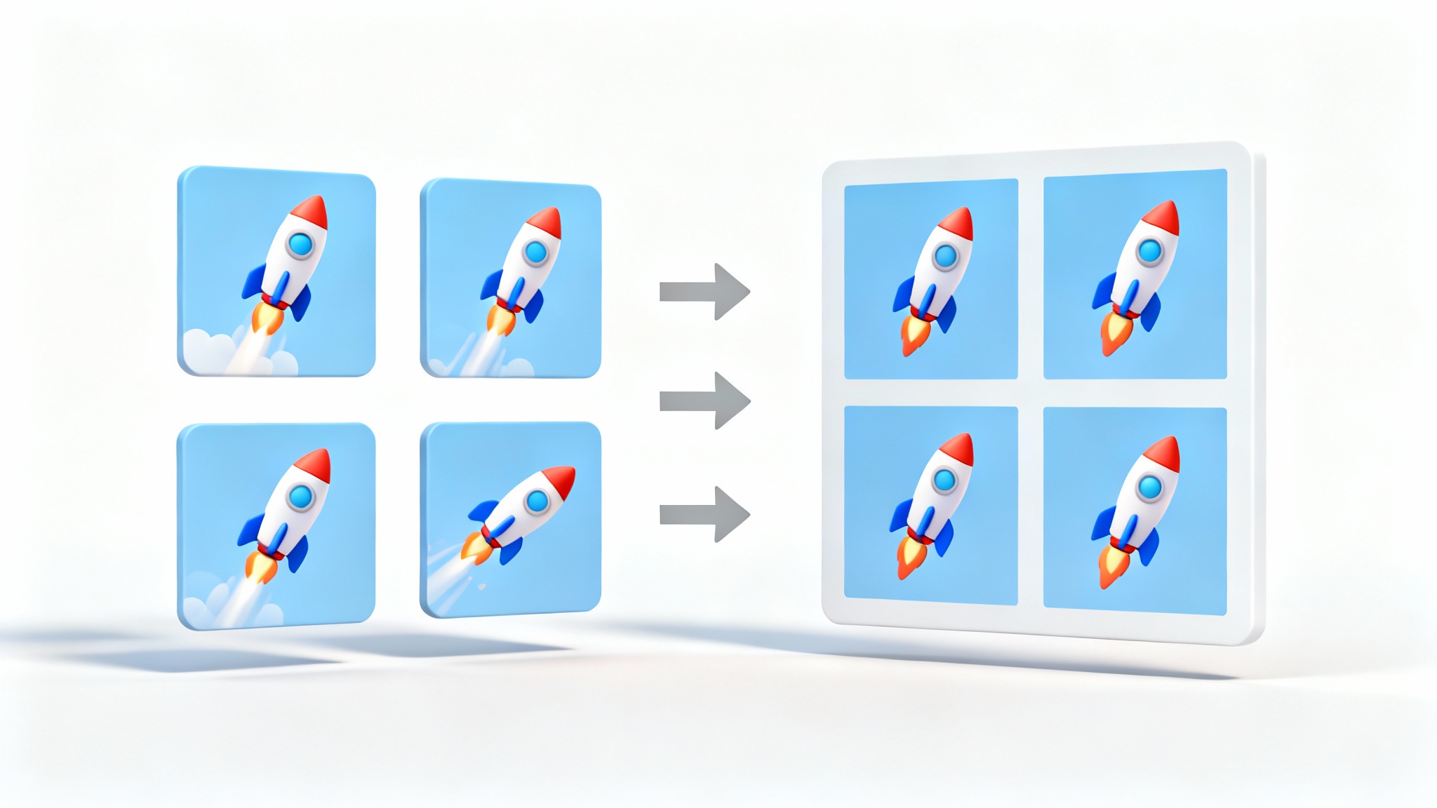 A 3D illustration showing the process of creating a sprite sheet, with several individual images of a rocket ship being combined into a single grid-based image.