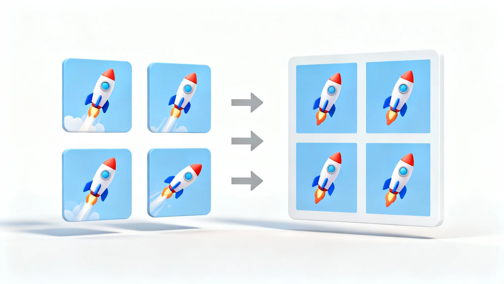 A 3D illustration showing the process of creating a sprite sheet, with several individual images of a rocket ship being combined into a single grid-based image.