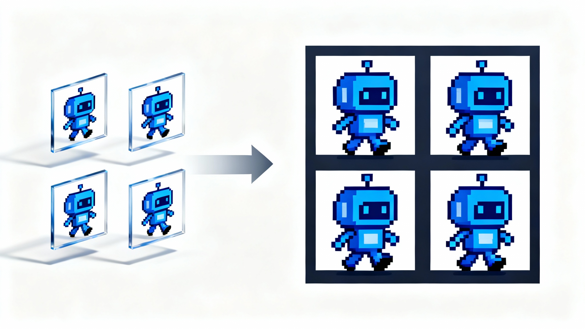 Illustration of a PNG to sprite sheet conversion process, showing four individual pixel art animation frames of a robot transforming into a single, organized sprite sheet on a grid. The background is white.