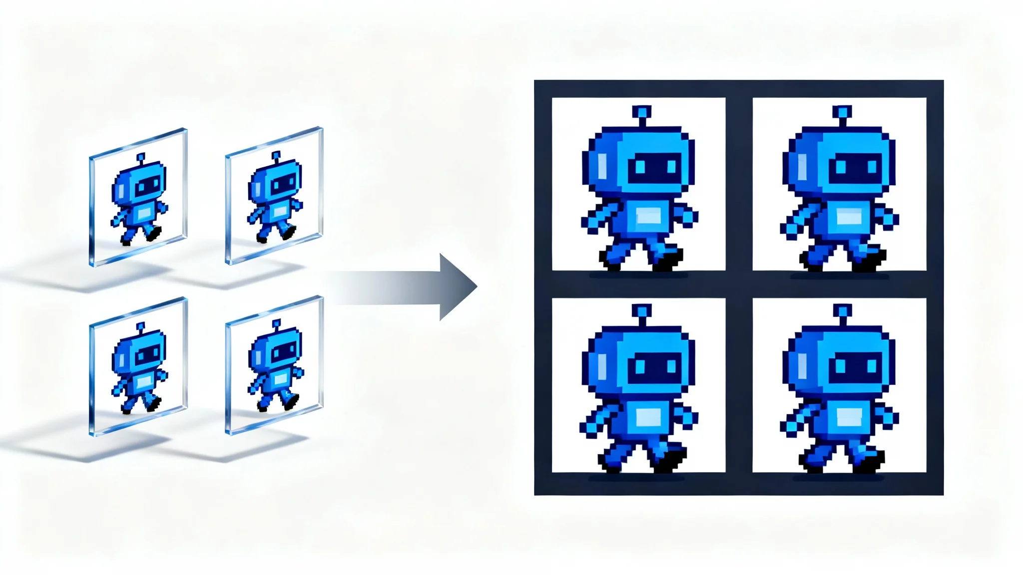 Illustration of a PNG to sprite sheet conversion process, showing four individual pixel art animation frames of a robot transforming into a single, organized sprite sheet on a grid. The background is white.