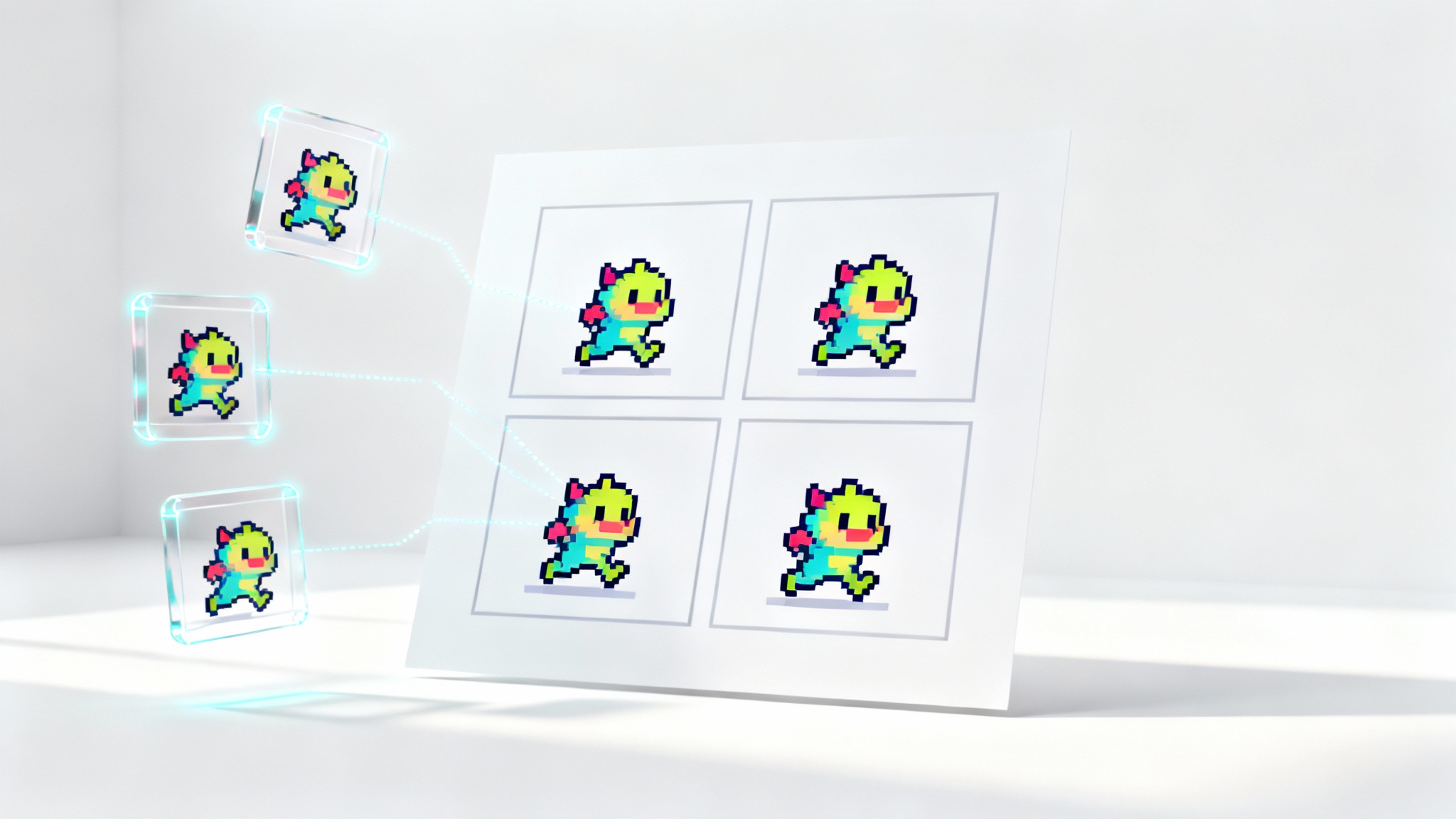An illustration showing the creation of a sprite sheet. A large grid contains multiple frames of a pixel art monster's running animation. To the side, several individual frames of the monster are shown, with lines connecting them to the main sprite sheet.