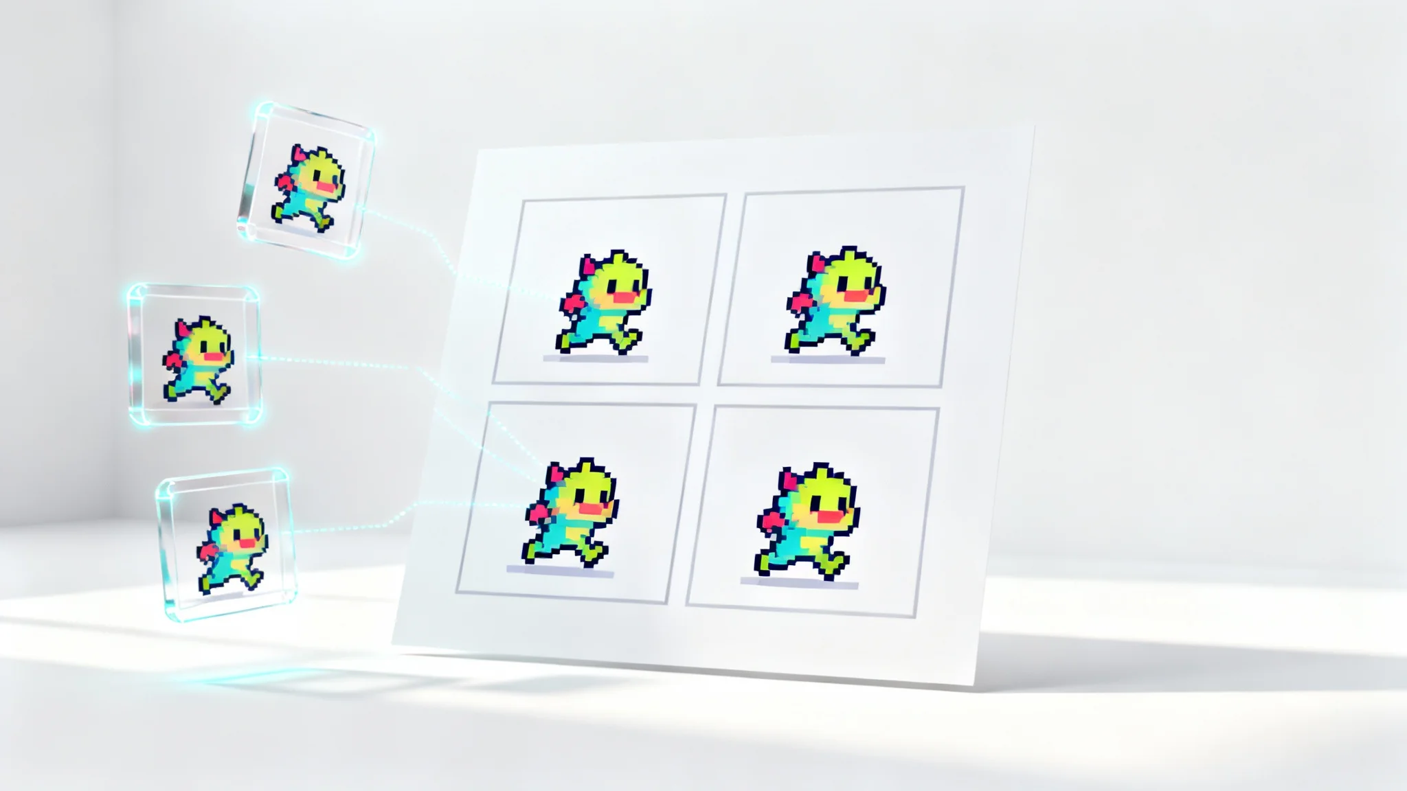 An illustration showing the creation of a sprite sheet. A large grid contains multiple frames of a pixel art monster's running animation. To the side, several individual frames of the monster are shown, with lines connecting them to the main sprite sheet.