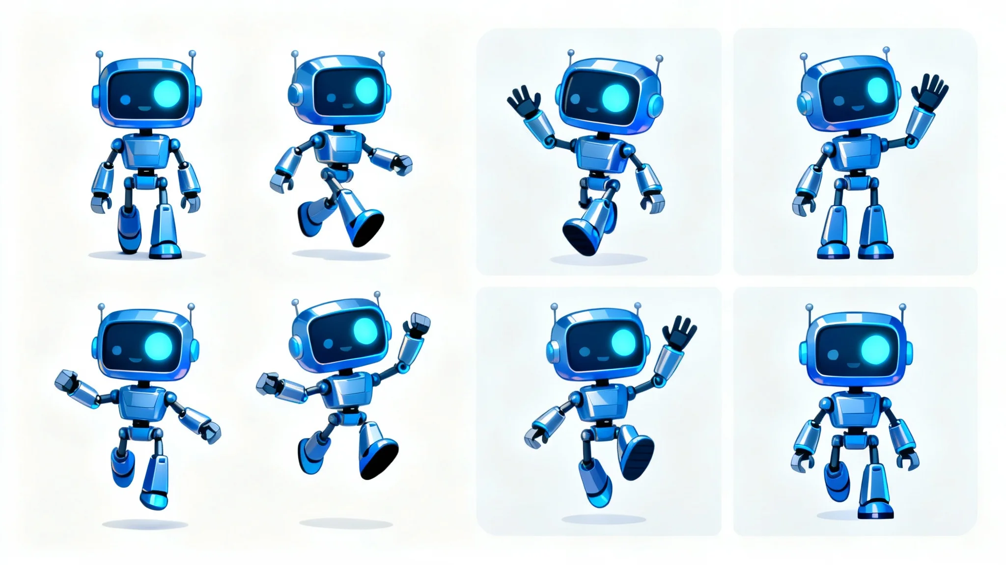 An illustration showing individual animation frames of a cartoon robot being organized into a 2x2 sprite sheet, demonstrating the creation of a sprite sheet from PNG files.