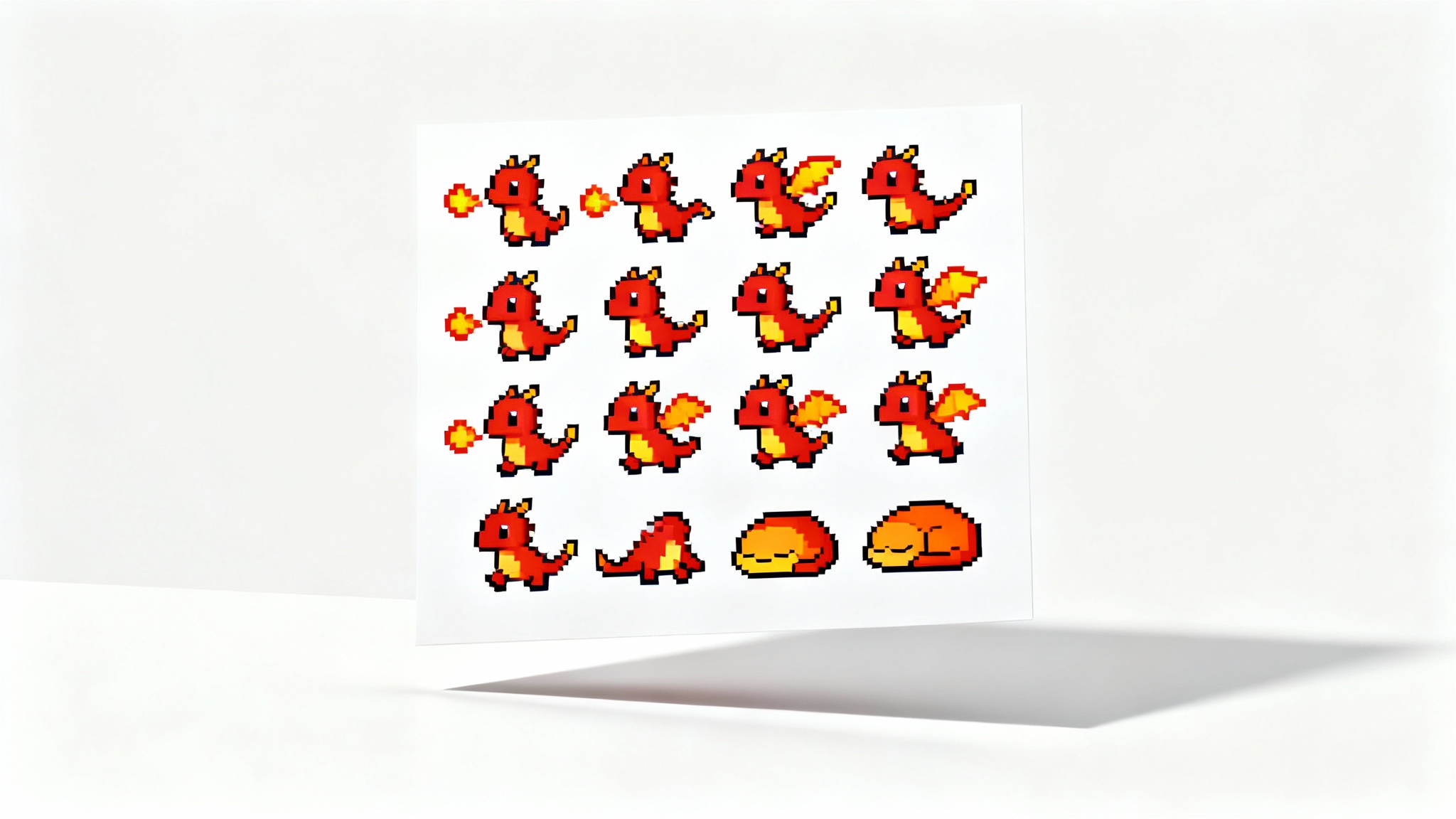 An example of a sprite sheet featuring a pixel art red dragon in various animation poses, such as breathing fire and flying, all arranged in a neat grid on a white background.