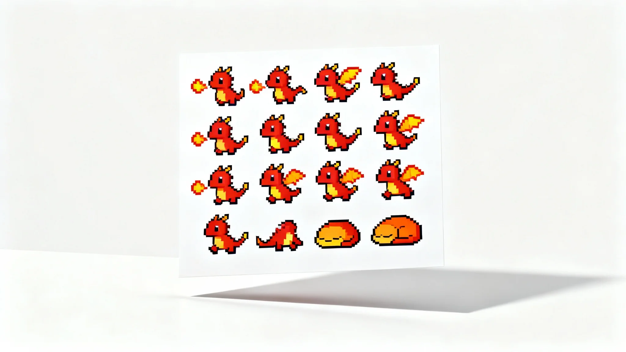 An example of a sprite sheet featuring a pixel art red dragon in various animation poses, such as breathing fire and flying, all arranged in a neat grid on a white background.