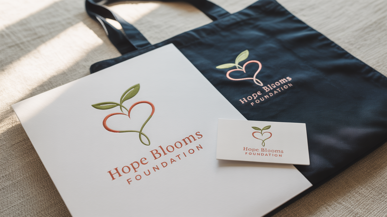 A branding mockup for a nonprofit called 'Hope Blooms Foundation', showing its heart and sprout logo on a business card, letterhead, and tote bag.