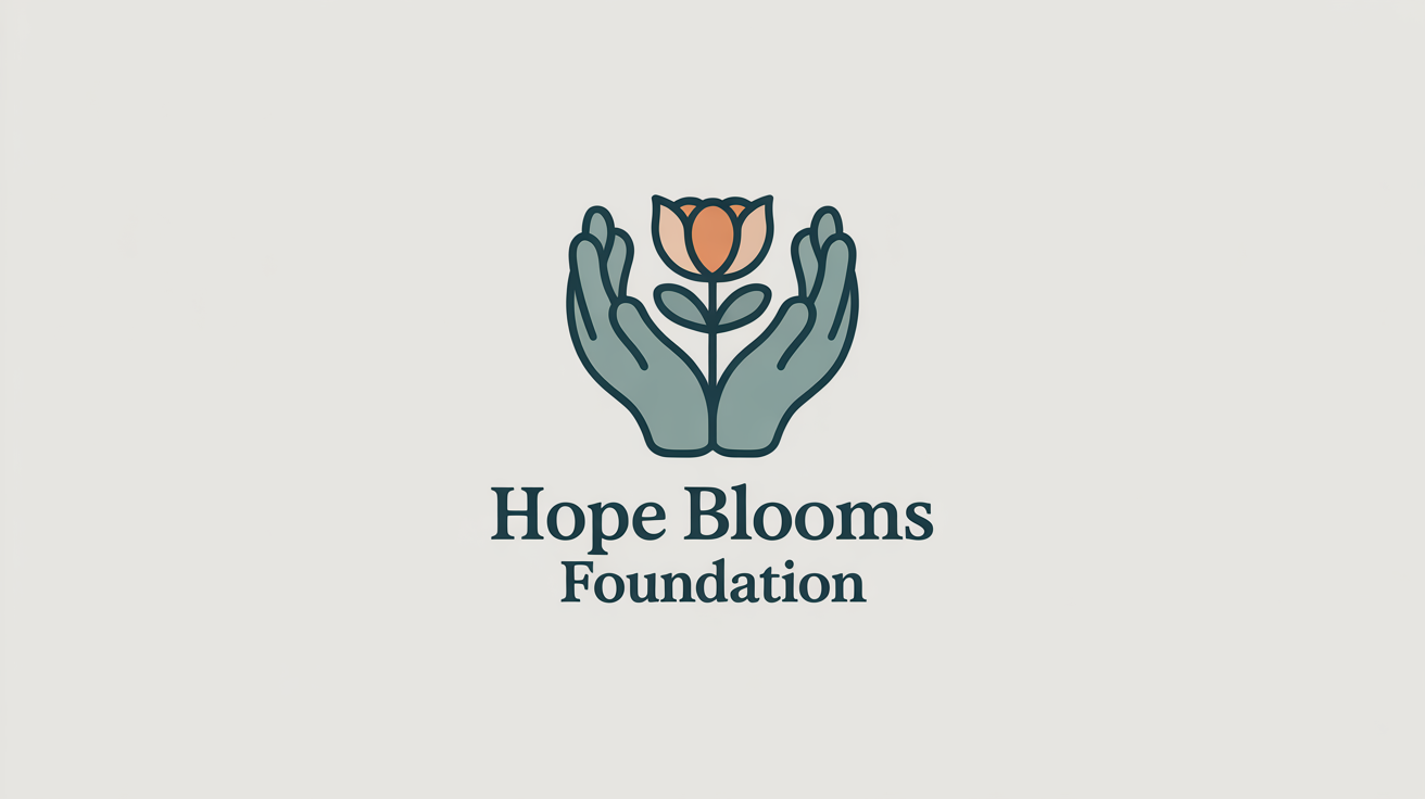 A logo design for a fictional nonprofit called "Hope Blooms Foundation." The logo features two hands holding a blooming flower with a heart inside, symbolizing care and growth. The background is white.