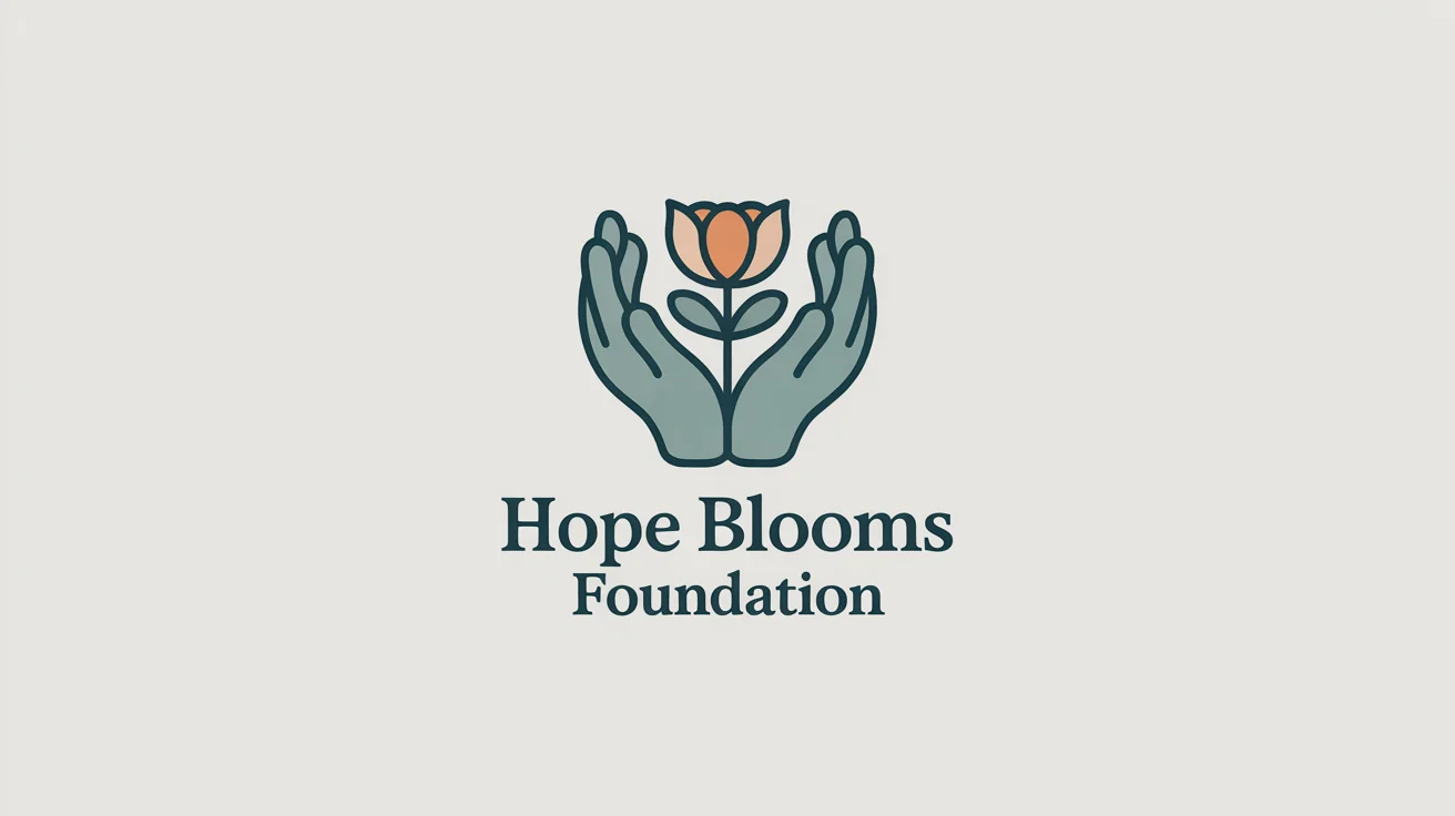 A logo design for a fictional nonprofit called "Hope Blooms Foundation." The logo features two hands holding a blooming flower with a heart inside, symbolizing care and growth. The background is white.