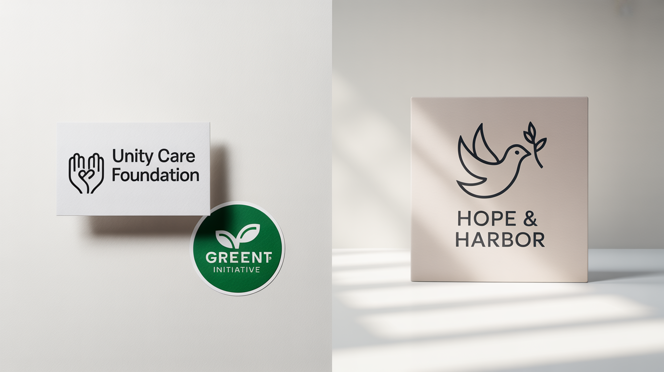 A professional mockup showcasing three different logo designs for nonprofit organizations on a white background. The logos feature themes of unity, growth, and hope, with fictional names like 'Unity Care Foundation' and 'Green Future Initiative'.