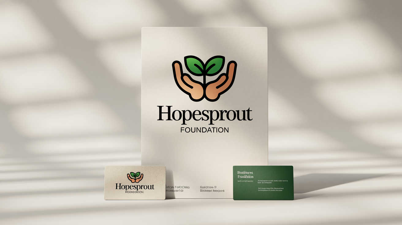 A professional branding mockup for a nonprofit called 'HopeSprout Foundation', showcasing a logo of hands holding a sprout on a letterhead, business card, and pin.