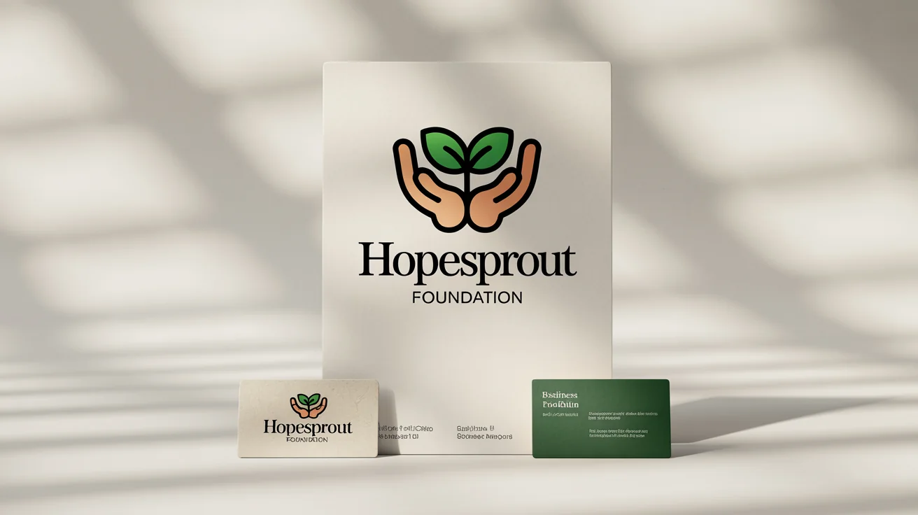 A professional branding mockup for a nonprofit called 'HopeSprout Foundation', showcasing a logo of hands holding a sprout on a letterhead, business card, and pin.