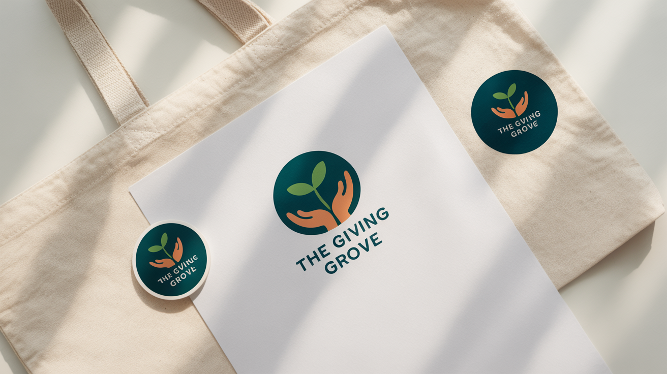 A mockup of a logo for a nonprofit called 'The Giving Grove', featuring hands holding a sprout, displayed on a letterhead, tote bag, and sticker against a white background.