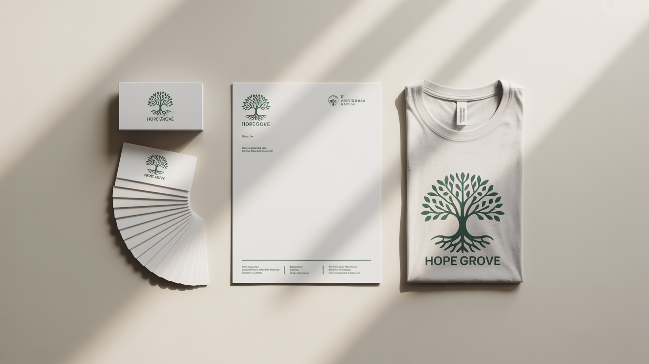 A flat lay of branded mockup items for a nonprofit called 'Hope Grove', including a letterhead, business cards, and a t-shirt, all featuring a tree-and-heart logo on a white background.