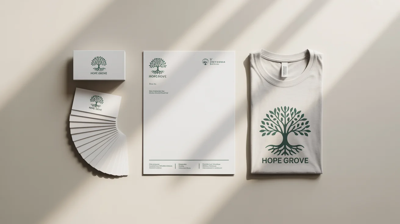 A flat lay of branded mockup items for a nonprofit called 'Hope Grove', including a letterhead, business cards, and a t-shirt, all featuring a tree-and-heart logo on a white background.