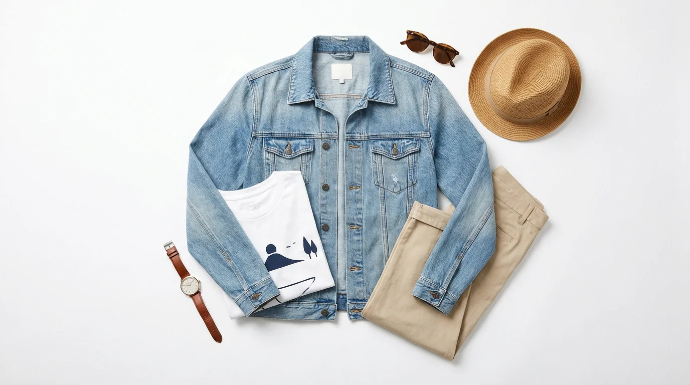 A professional top-down flat lay photograph of a casual summer outfit on a pure white background. The image, styled for e-commerce, shows a denim jacket, t-shirt, chinos, sunglasses, a watch, and a hat, all perfectly lit and color-corrected.