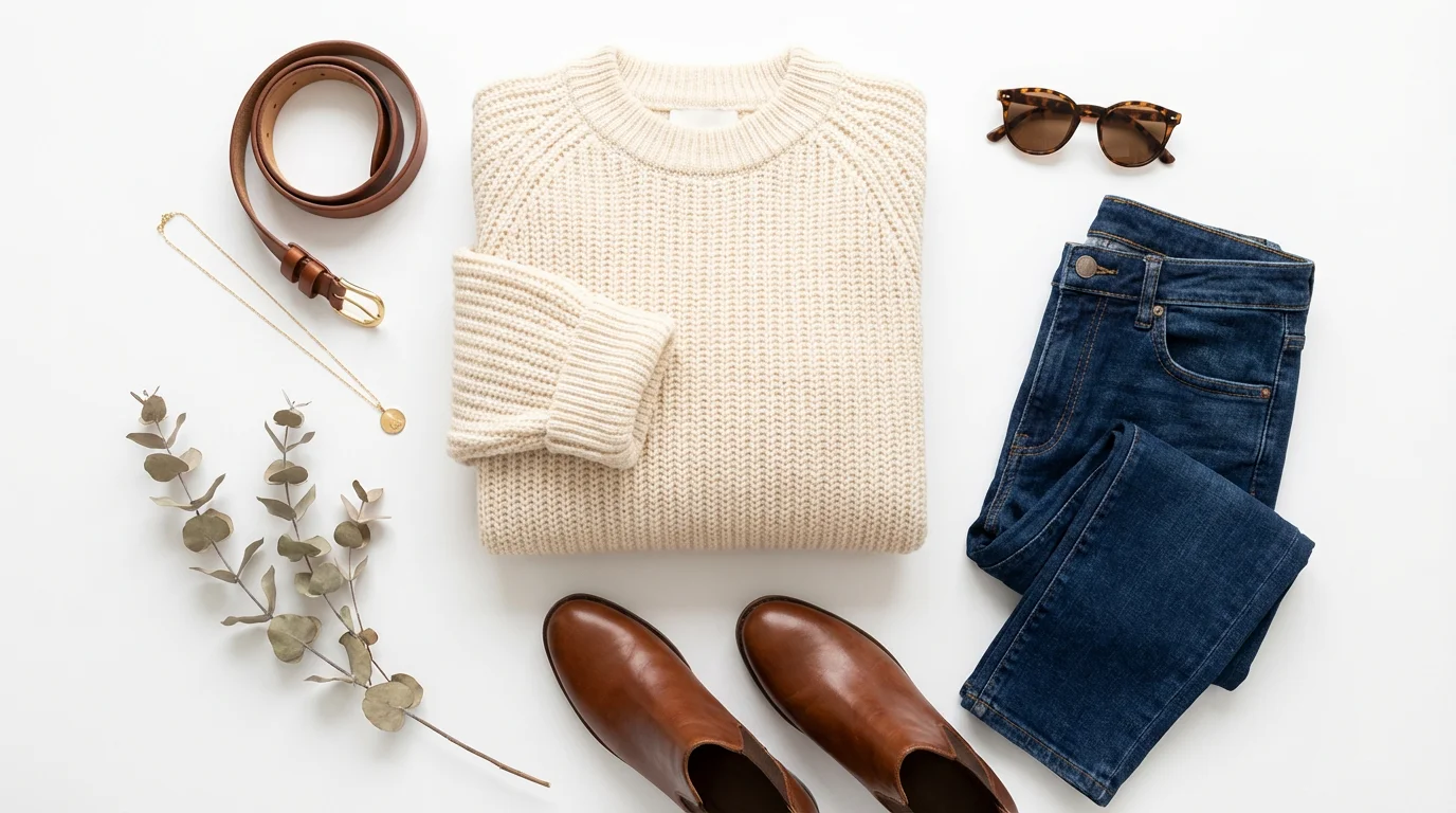 A professional flat lay photograph of a women's fall outfit, including a cream sweater, jeans, and brown boots, neatly arranged on a white background with accessories.