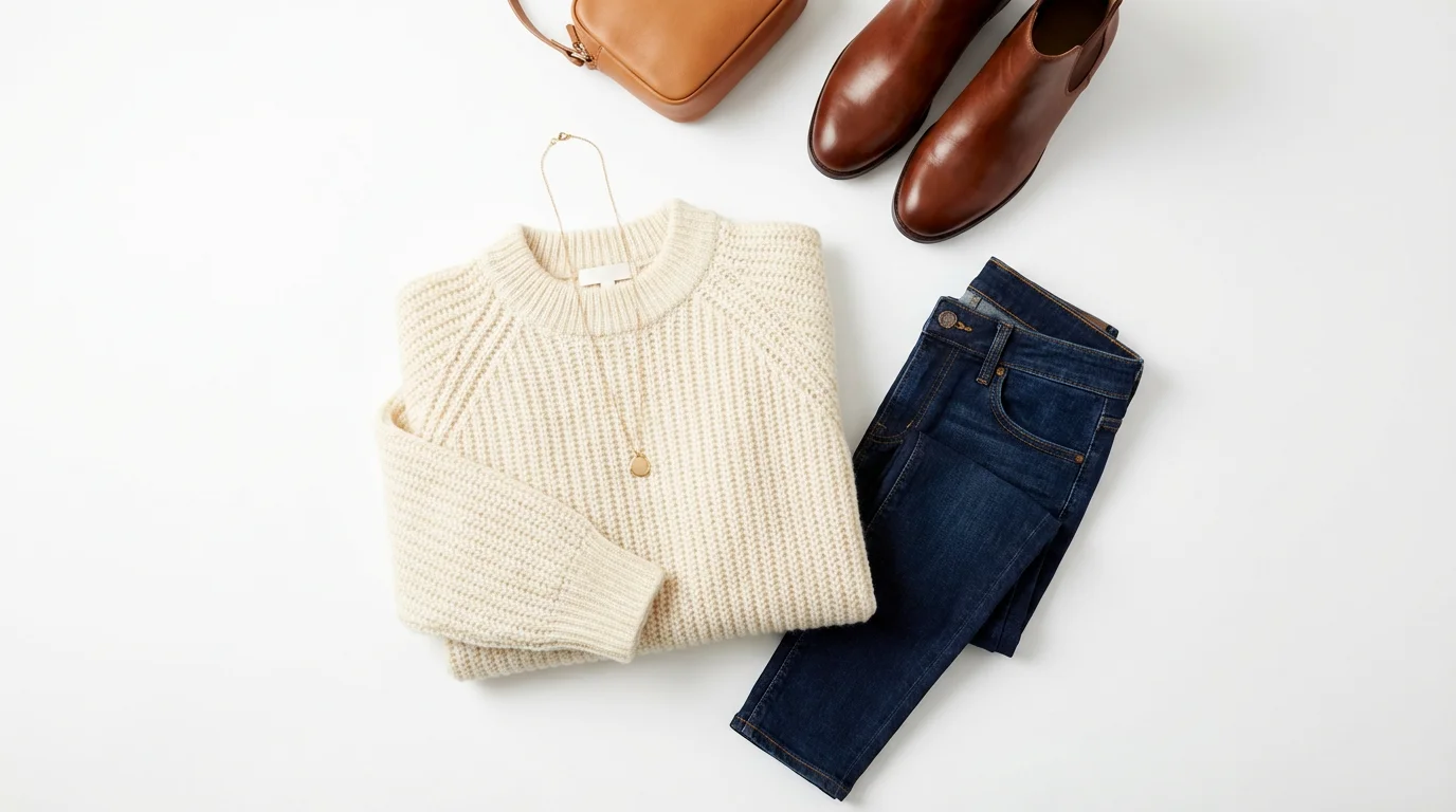 A top-down flat lay photograph of a women's outfit, featuring a cream knit sweater, dark jeans, brown leather boots, and a tan bag, all neatly arranged on a white background.