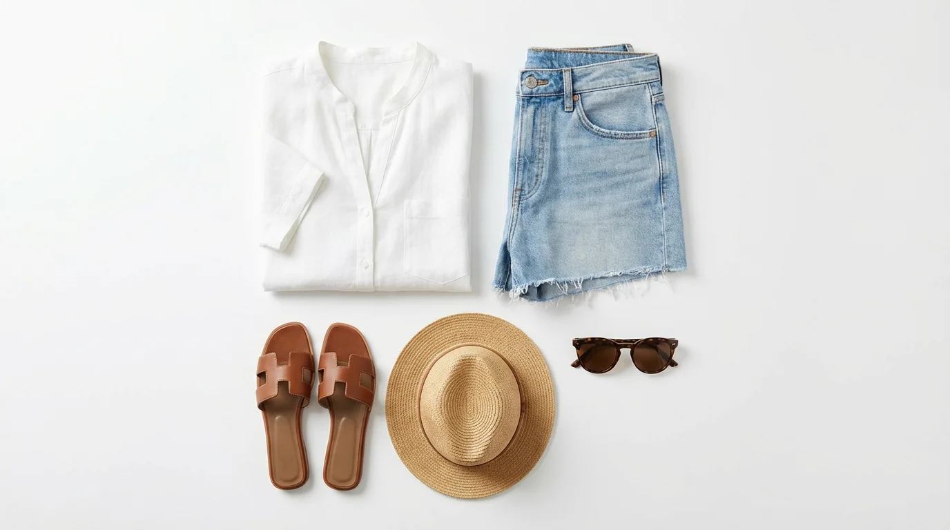 A top-down flat lay photograph of a stylish women's summer outfit, including a white blouse, denim shorts, sandals, and a straw hat, arranged on a clean white background.