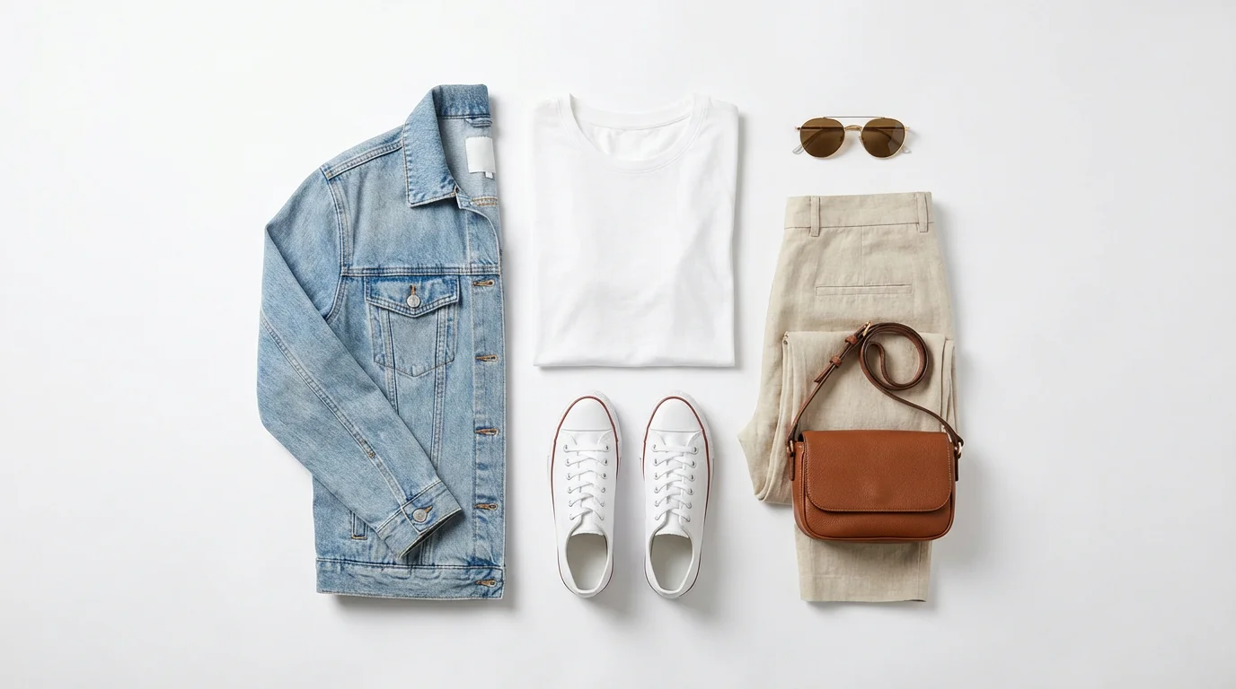 A top-down flat lay of a women's outfit arranged on a white background, including a denim jacket, white t-shirt, beige trousers, white sneakers, a brown leather bag, and sunglasses.