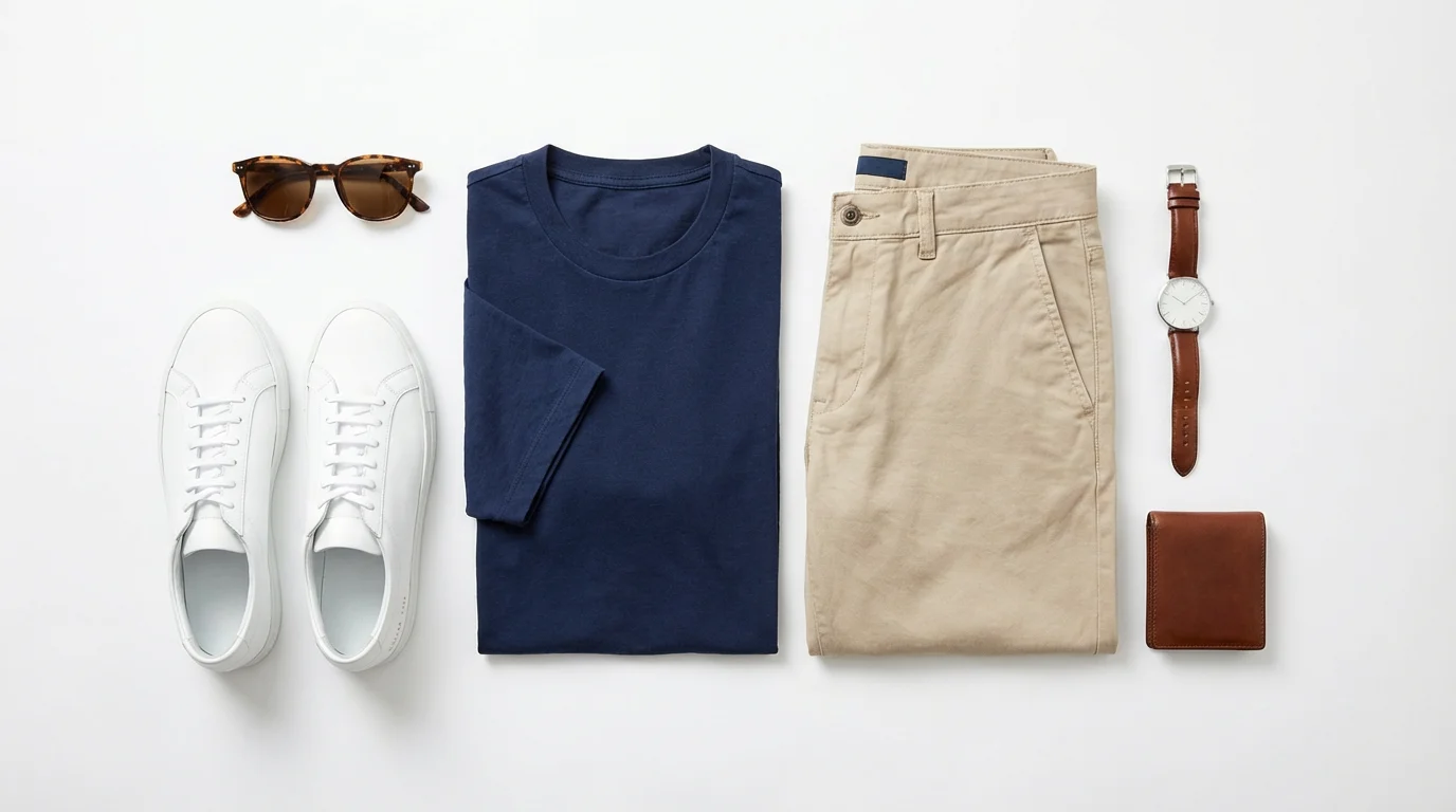 A flat lay photograph of a men's outfit, including a navy t-shirt, beige shorts, white sneakers, and accessories, all neatly arranged on a white background.
