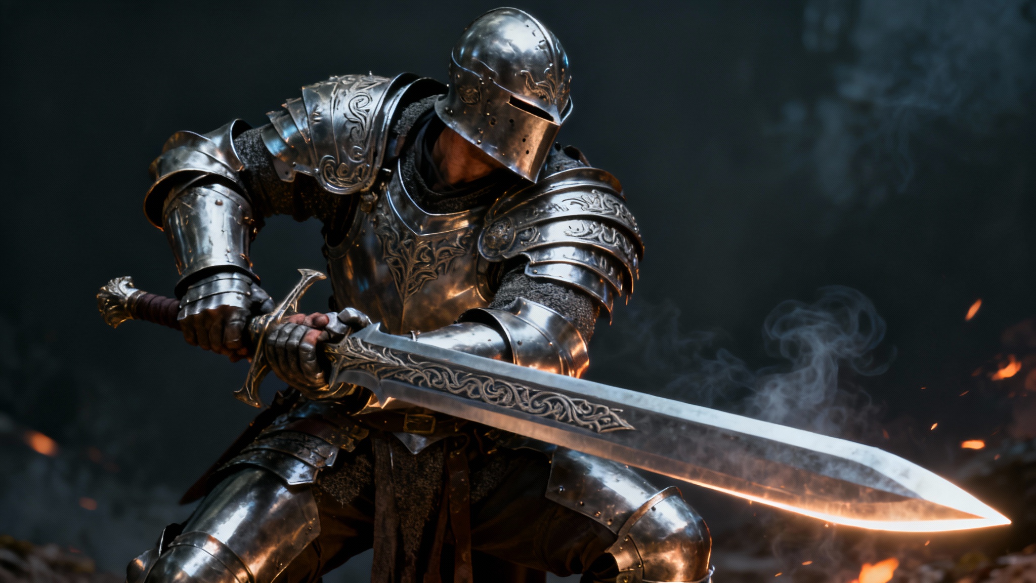 A full-body view of a fantasy knight in detailed silver armor, holding a large two-handed sword in a ready stance against a dark, moody background.