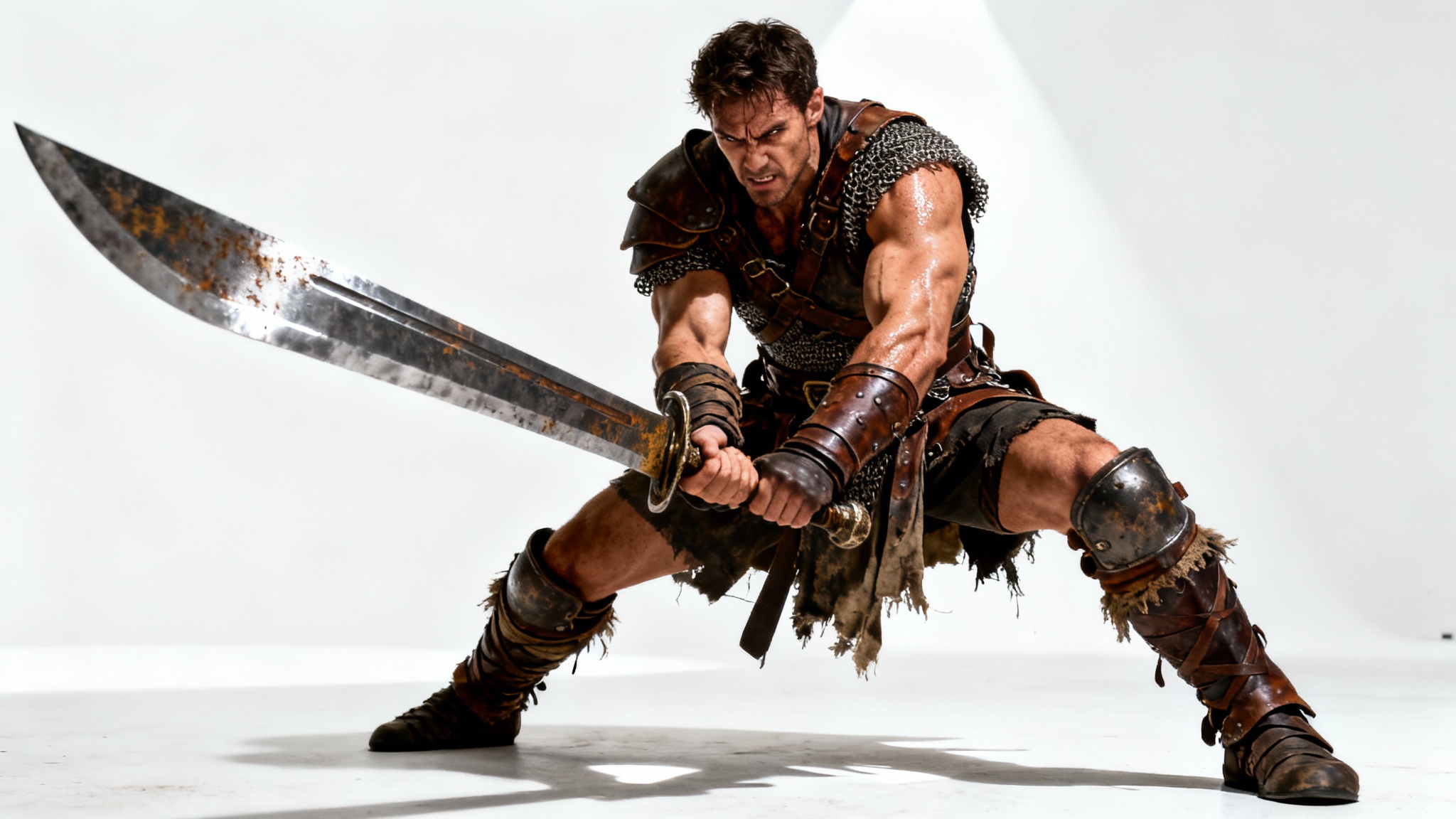 A photorealistic image of a male warrior in a dynamic fighting stance, holding a large two-handed sword with both hands, set against a clean white background.
