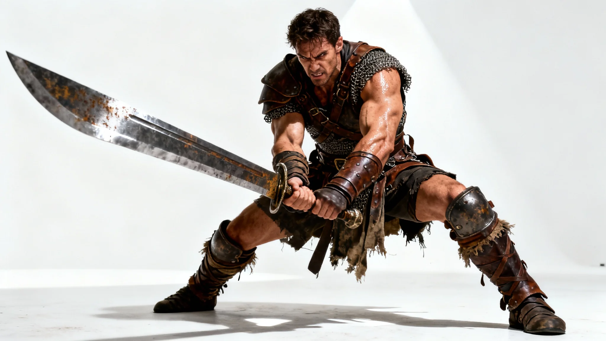 A photorealistic image of a male warrior in a dynamic fighting stance, holding a large two-handed sword with both hands, set against a clean white background.