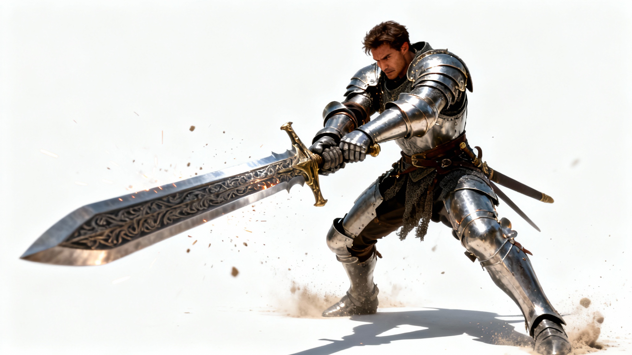 A photorealistic image of a knight in full steel armor swinging a large two-handed sword with great force against a plain white background.