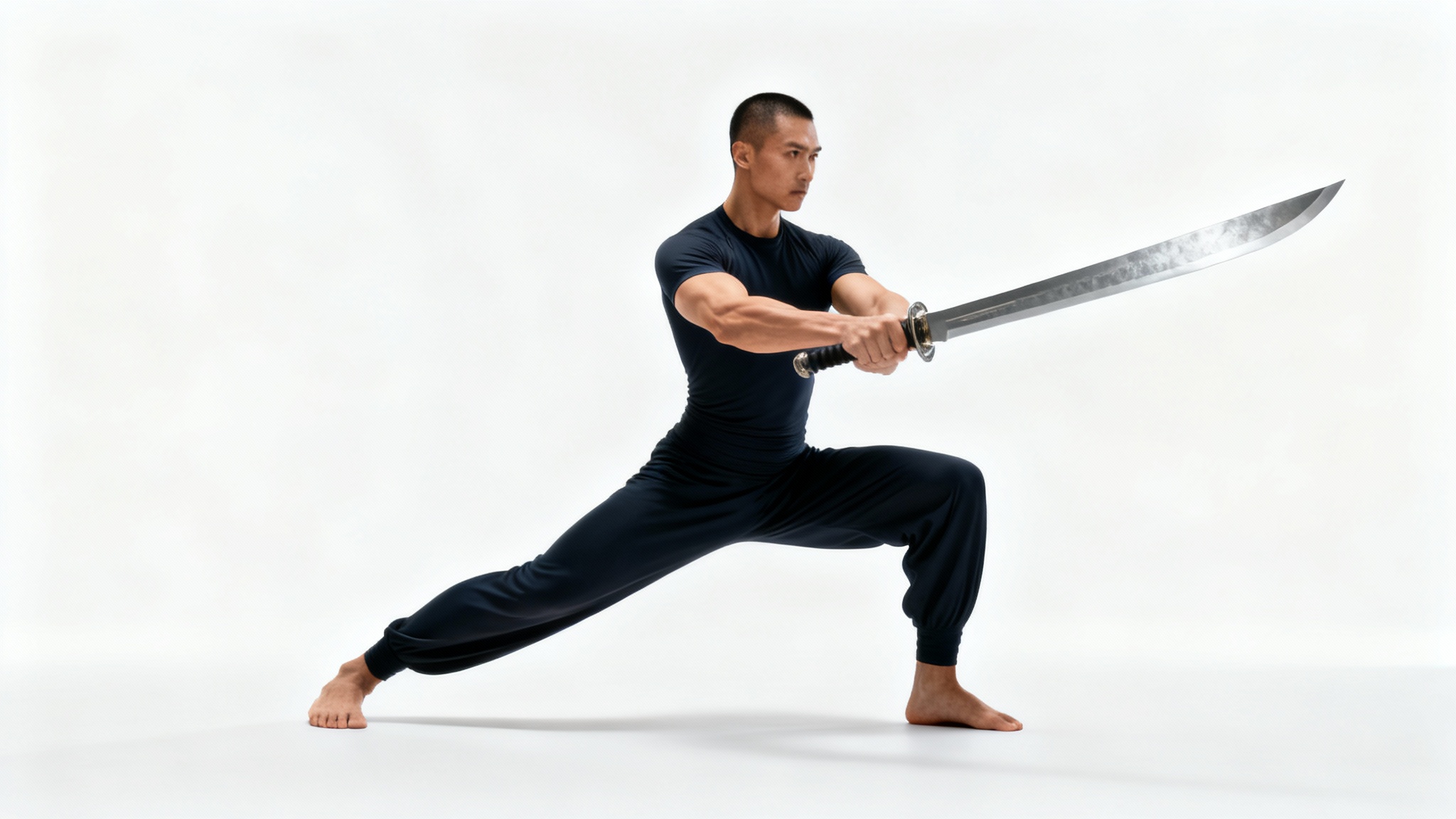 A person in a dynamic, athletic pose holding a two-handed sword in a low guard position, set against a plain white background.