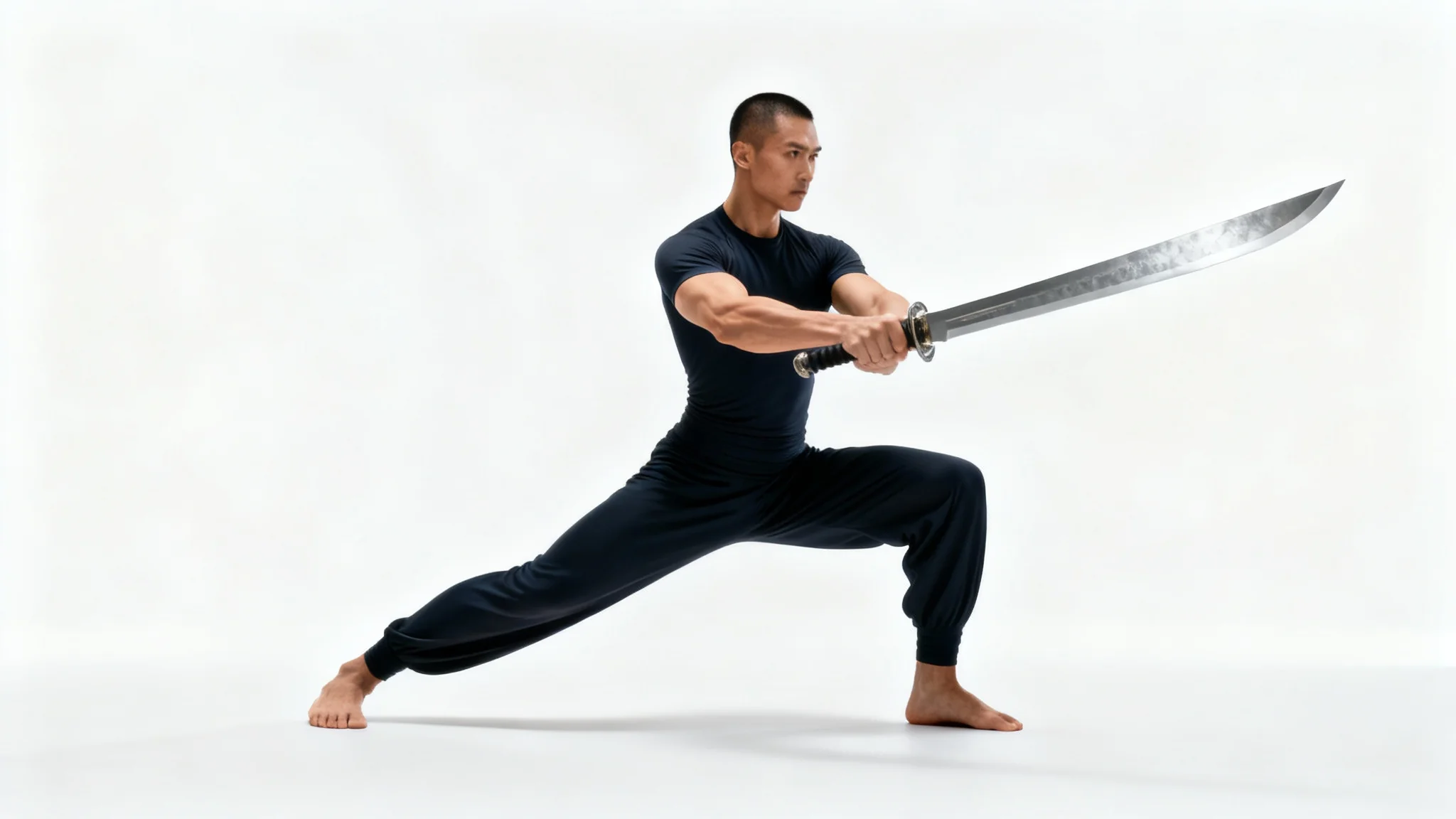 A person in a dynamic, athletic pose holding a two-handed sword in a low guard position, set against a plain white background.