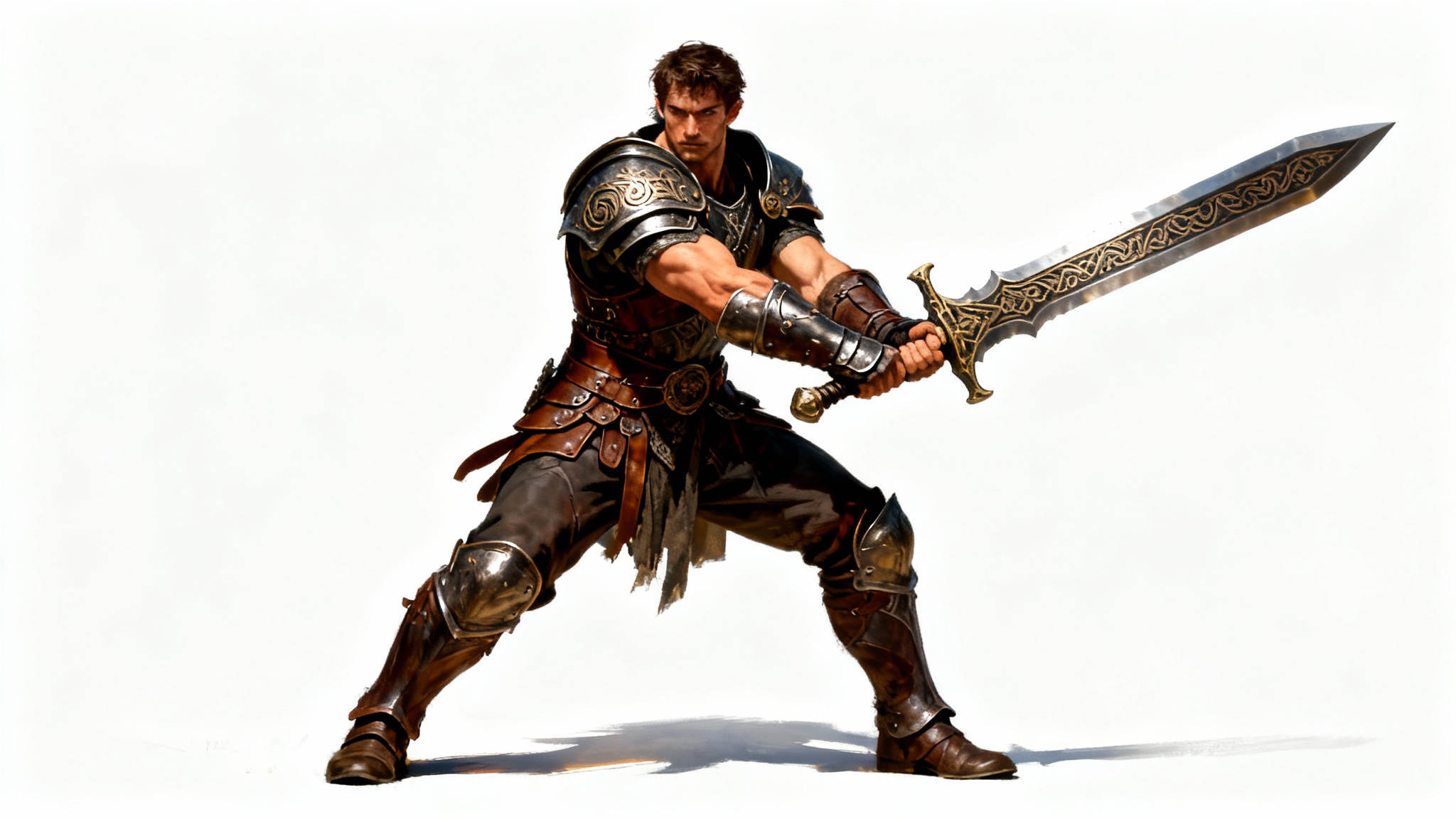 A hyper-realistic digital painting of a fantasy warrior in a dynamic pose, holding a large two-handed sword with both hands against a clean white background.