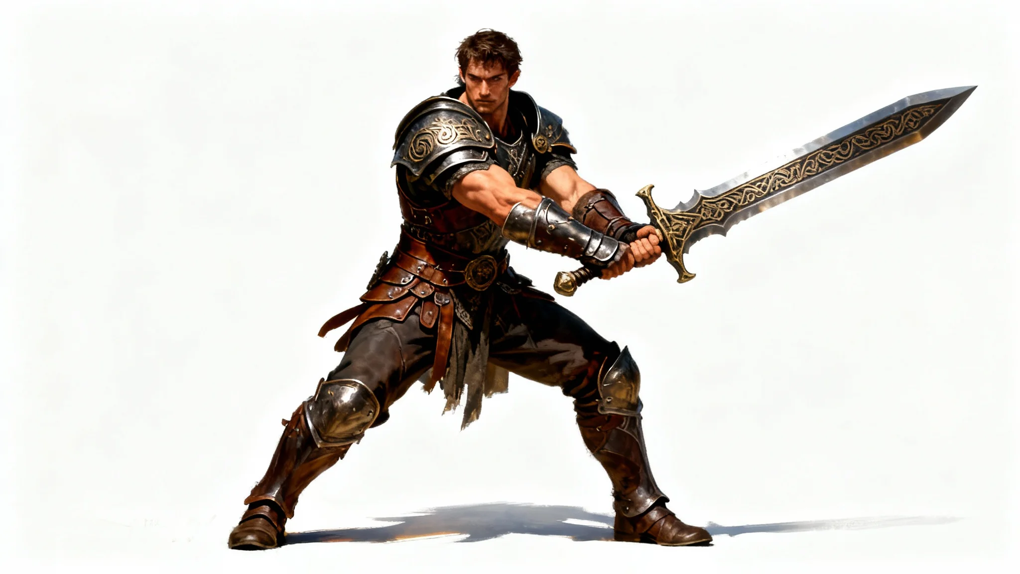 A hyper-realistic digital painting of a fantasy warrior in a dynamic pose, holding a large two-handed sword with both hands against a clean white background.