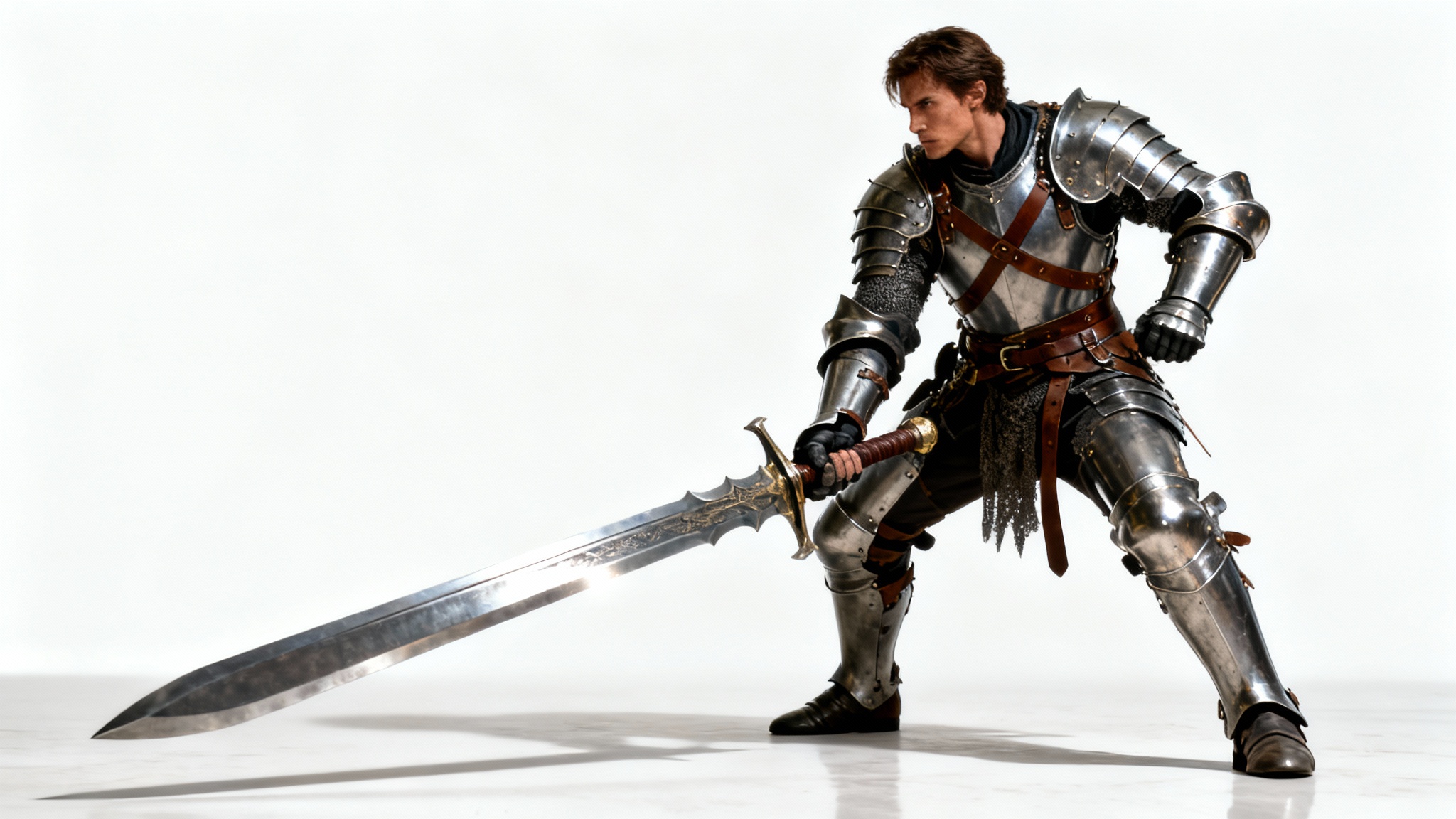 A full-body shot of a warrior in detailed plate armor, holding a large two-handed sword in a dynamic pose against a solid white background.