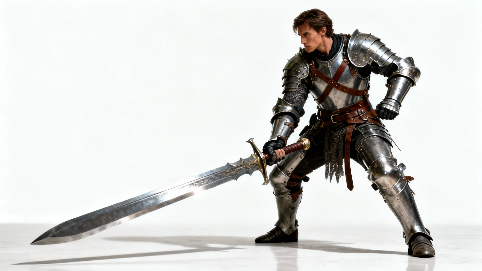 A full-body shot of a warrior in detailed plate armor, holding a large two-handed sword in a dynamic pose against a solid white background.