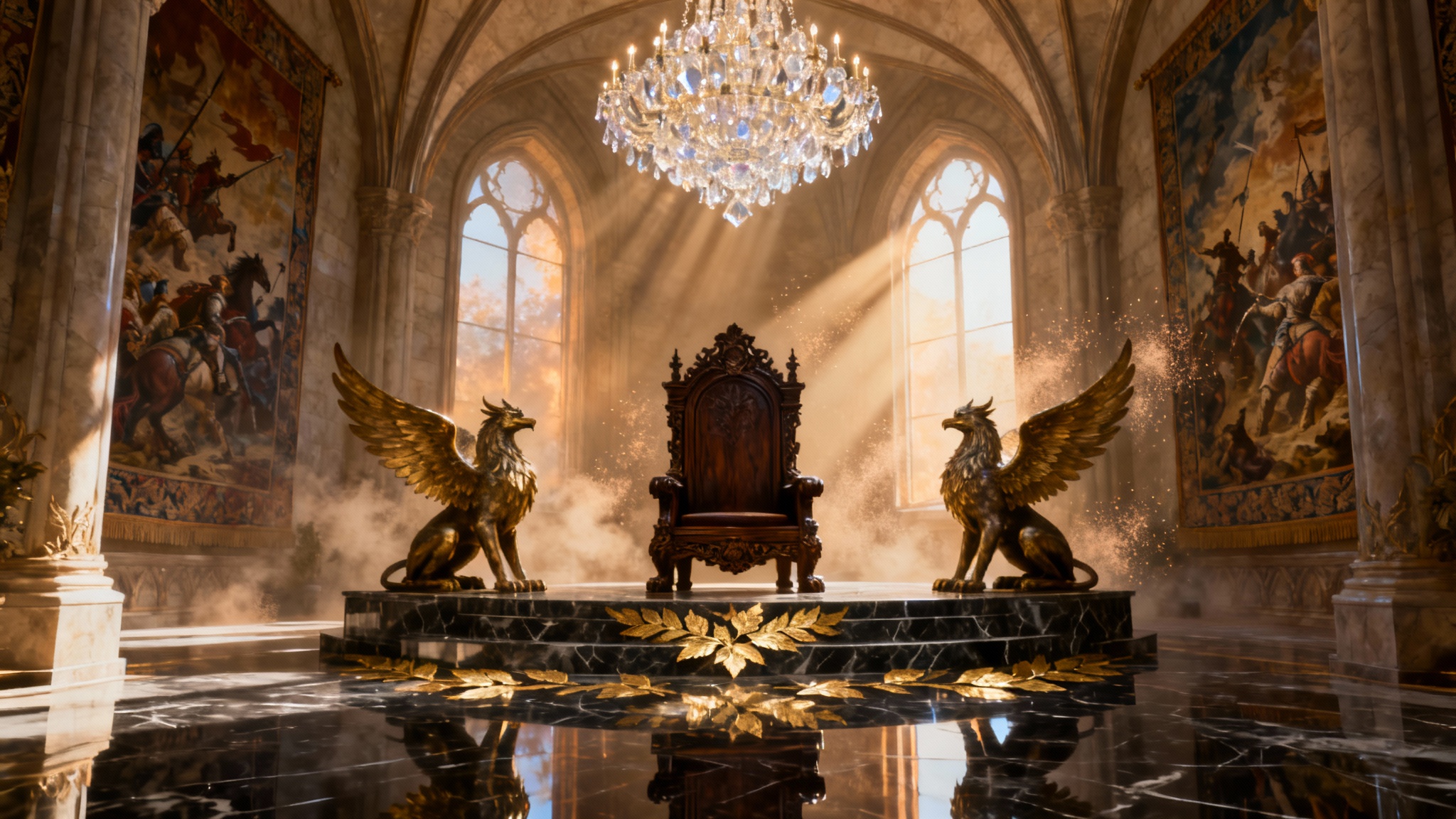 A hyper-realistic digital painting of a grand, opulent fantasy throne room, featuring a dark wood and gold throne guarded by two griffins, under a crystal chandelier with dramatic, ethereal lighting.