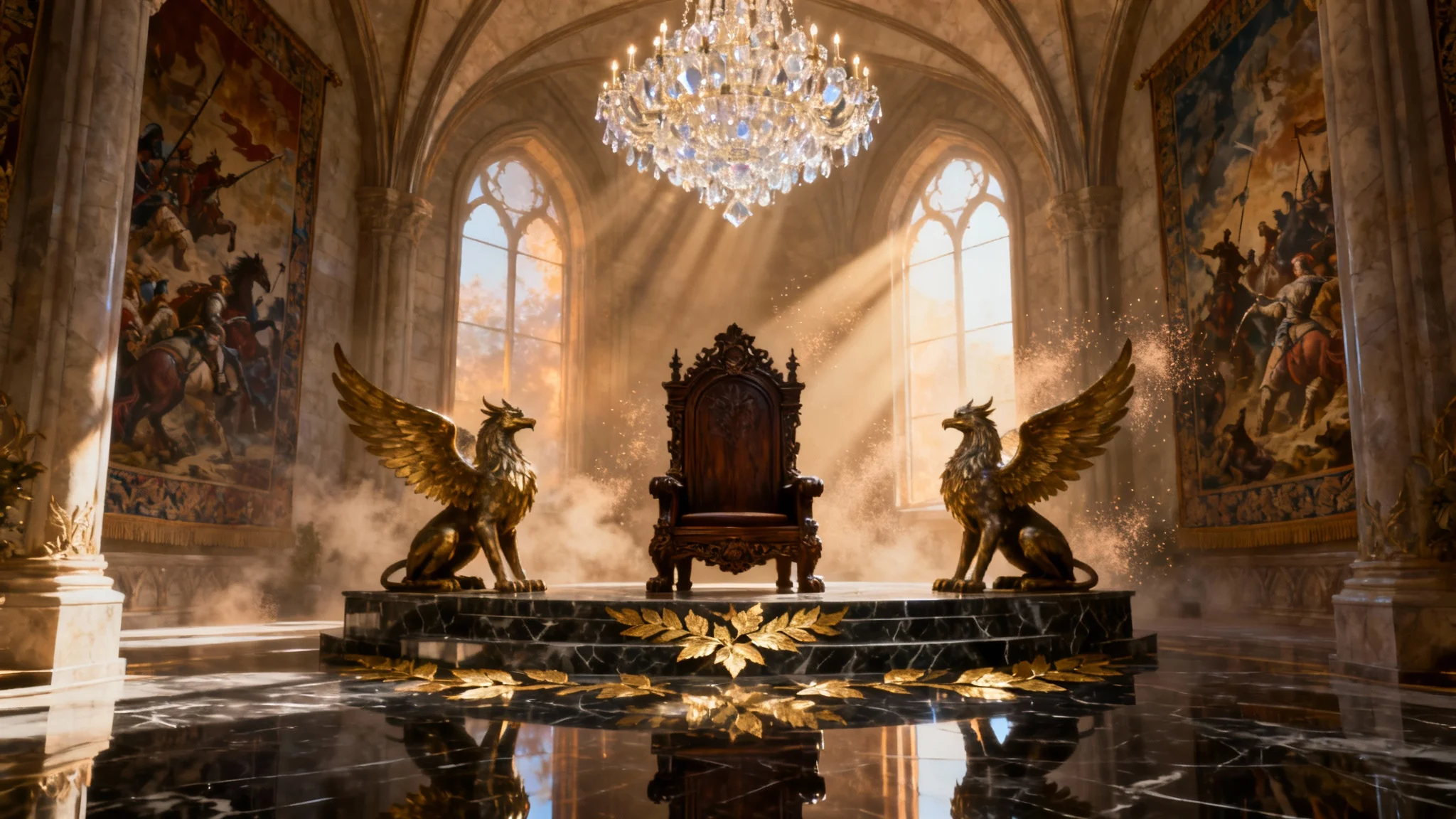 A hyper-realistic digital painting of a grand, opulent fantasy throne room, featuring a dark wood and gold throne guarded by two griffins, under a crystal chandelier with dramatic, ethereal lighting.
