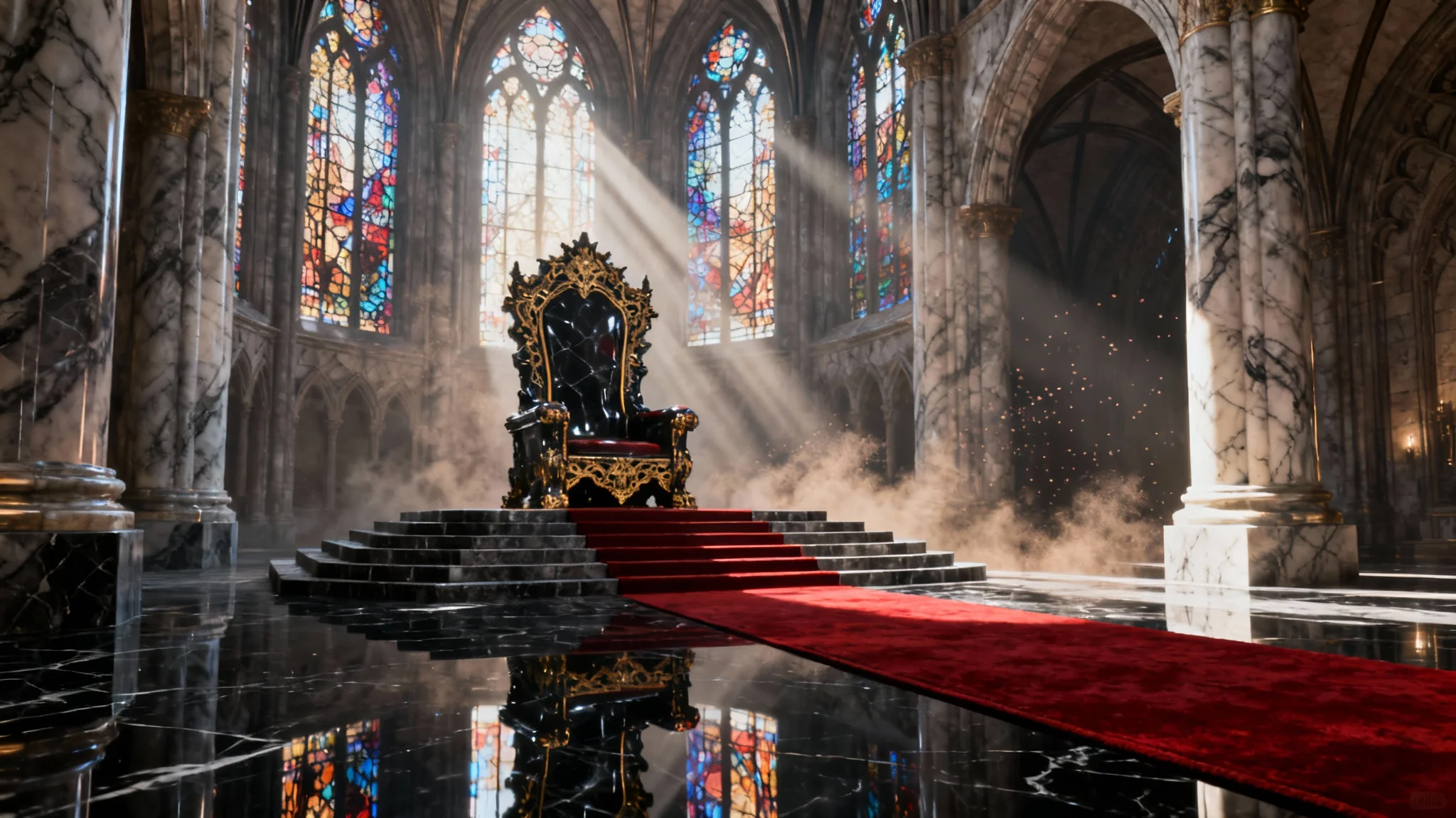 A photorealistic and epic depiction of a fantasy throne room, featuring a large obsidian and gold throne on a dais, a long red carpet, and dramatic light rays󠁣 streaming through massive stained-glass windows.