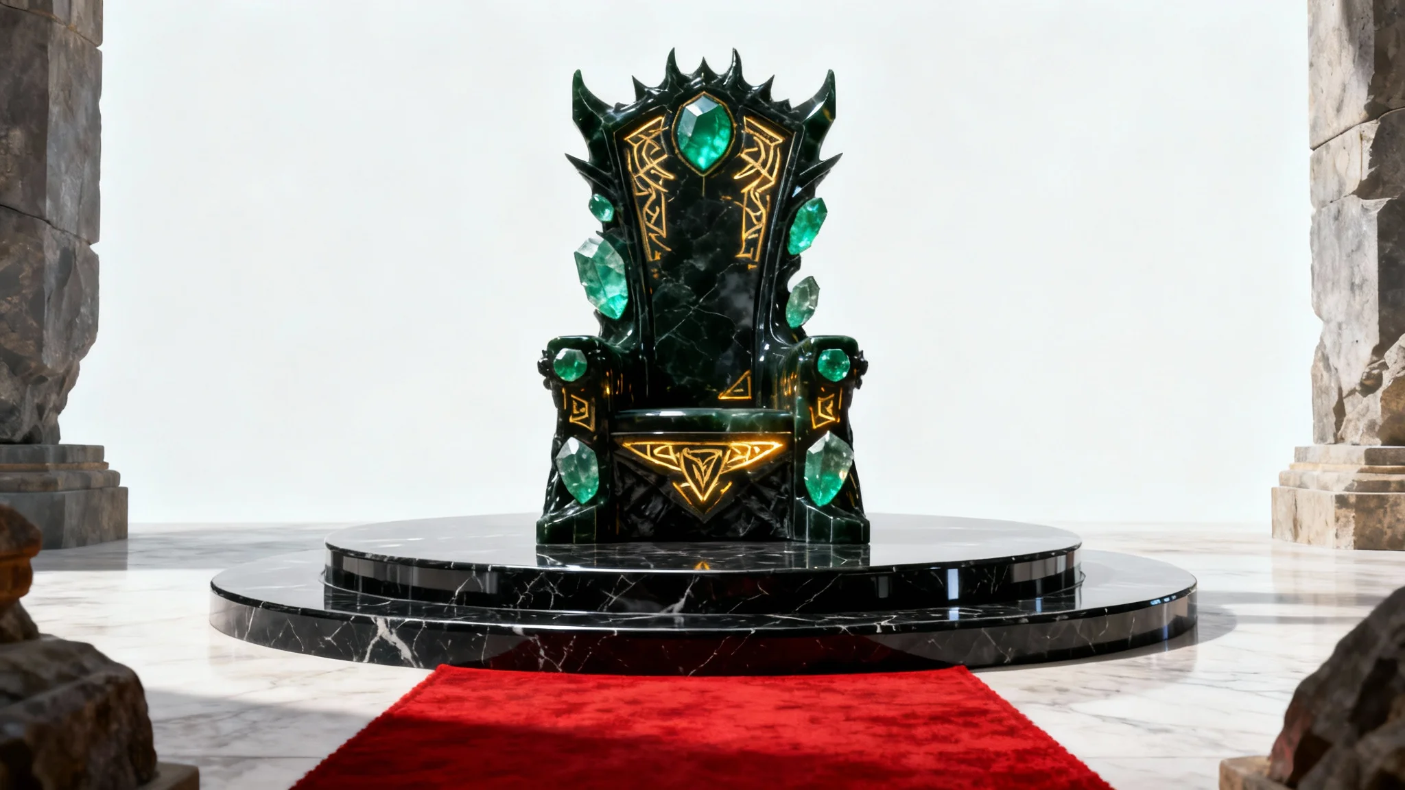 An epic, empty throne made of obsidian and gold with emeralds, set on a marble dais with a red carpet leading to it, all against a clean white background.