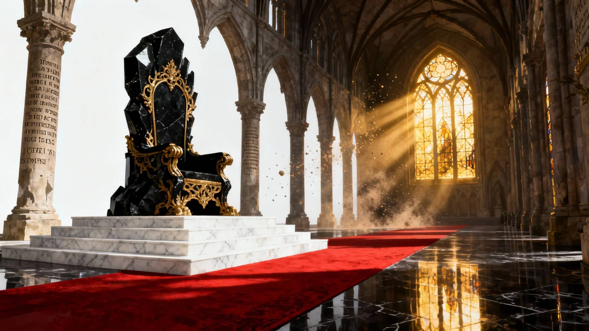 A majestic fantasy throne room with a large, ornate throne at the center, illuminated by dramatic shafts of light from high windows. The image is presented as a piece of art on a white background.