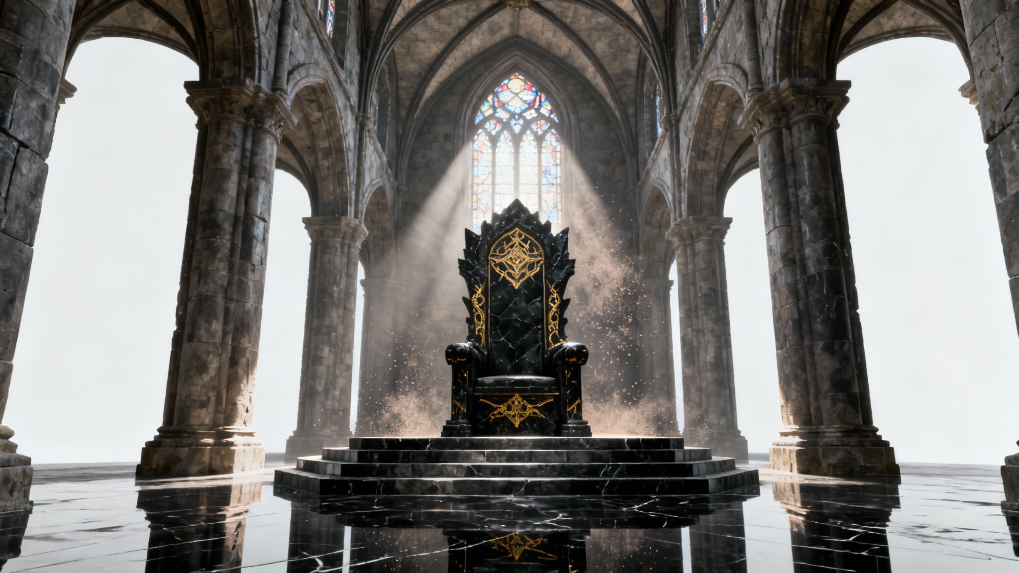 A photorealistic digital painting of an epic fantasy throne room, featuring a massive obsidian and gold throne illuminated by a dramatic beam of light from a high window.