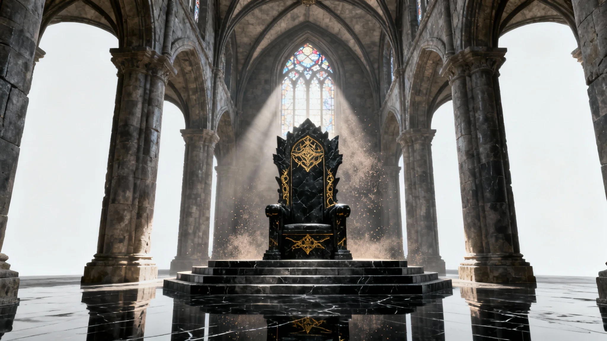 A photorealistic digital painting of an epic fantasy throne room, featuring a massive obsidian and gold throne illuminated by a dramatic beam of light from a high window.