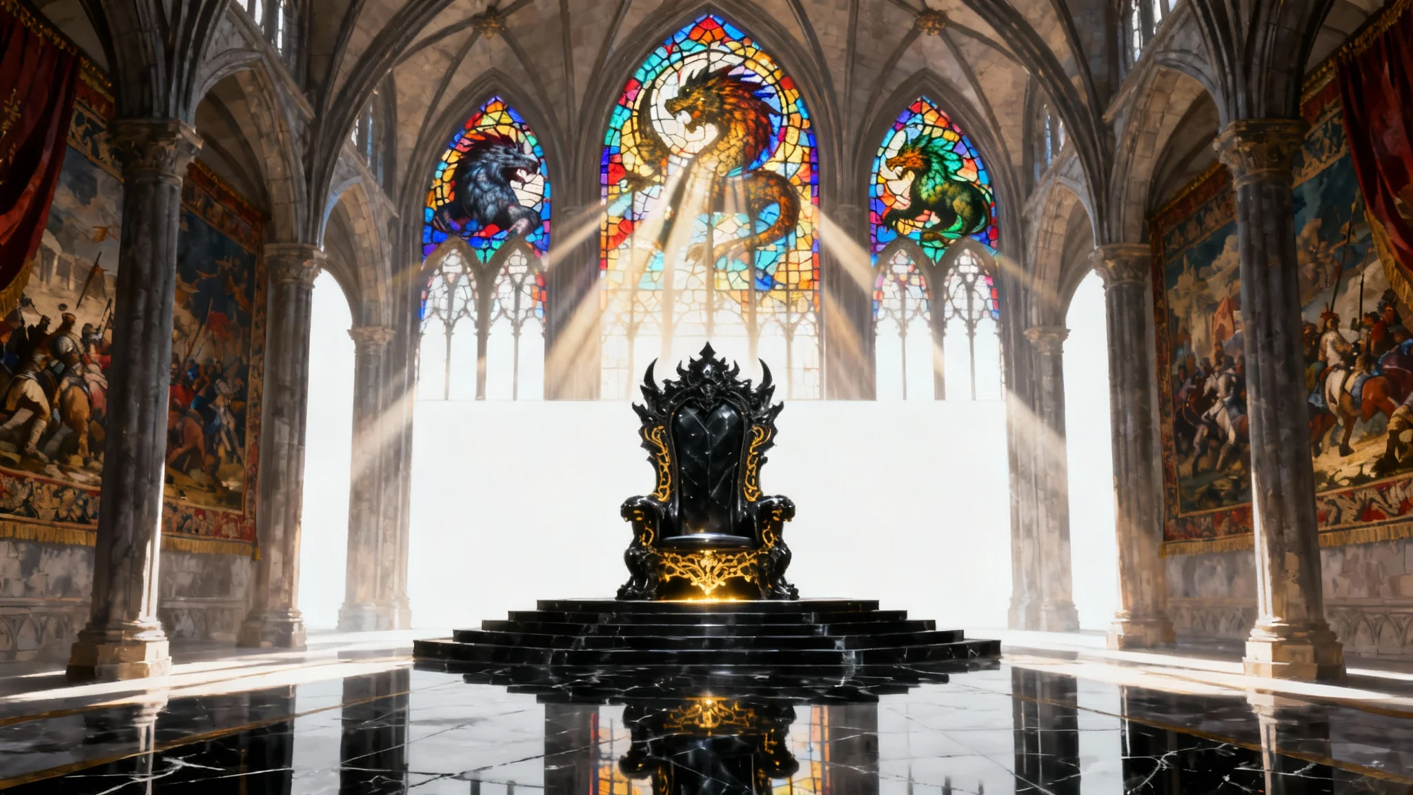 An awe-inspiring digital painting of a grand fantasy throne room, featuring an ornate obsidian throne on a dais under dramatic light from stained-glass windows, presented on a clean white background.